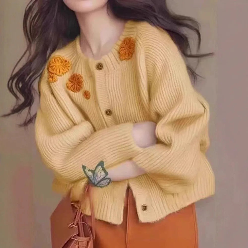 Women's simple embroidered flower age-reducing sweater cardigan in solid colour thick polyester fibre loose fit