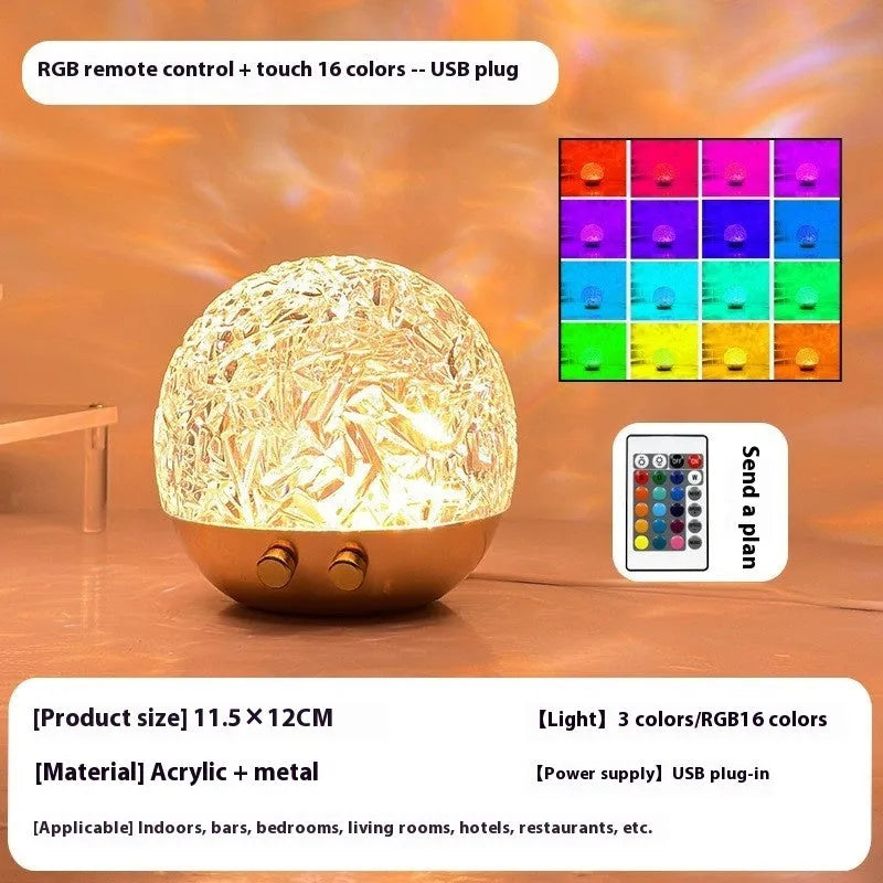 Water ripple projector night light with touch and remote control, acrylic metal USB mood lamp in spherical style