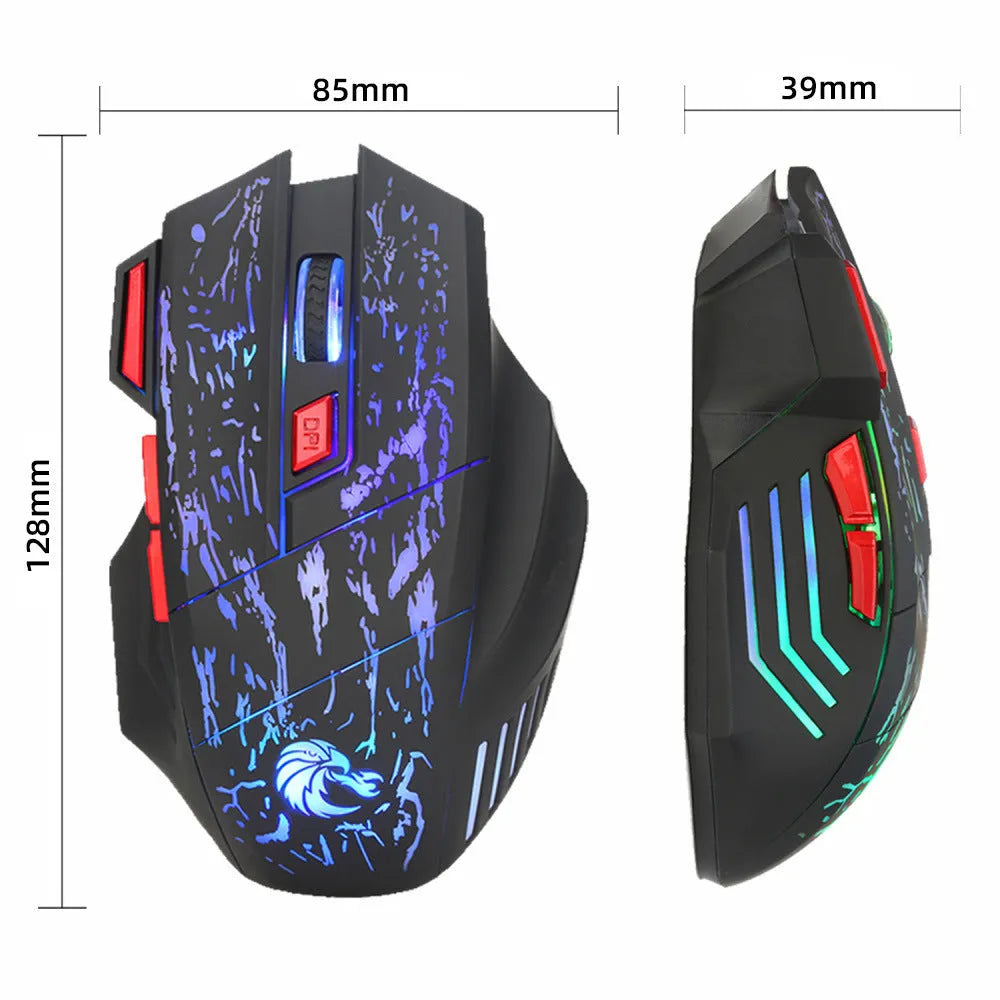 Black Water Crack pattern luminous gaming mouse with USB cable on desktop
