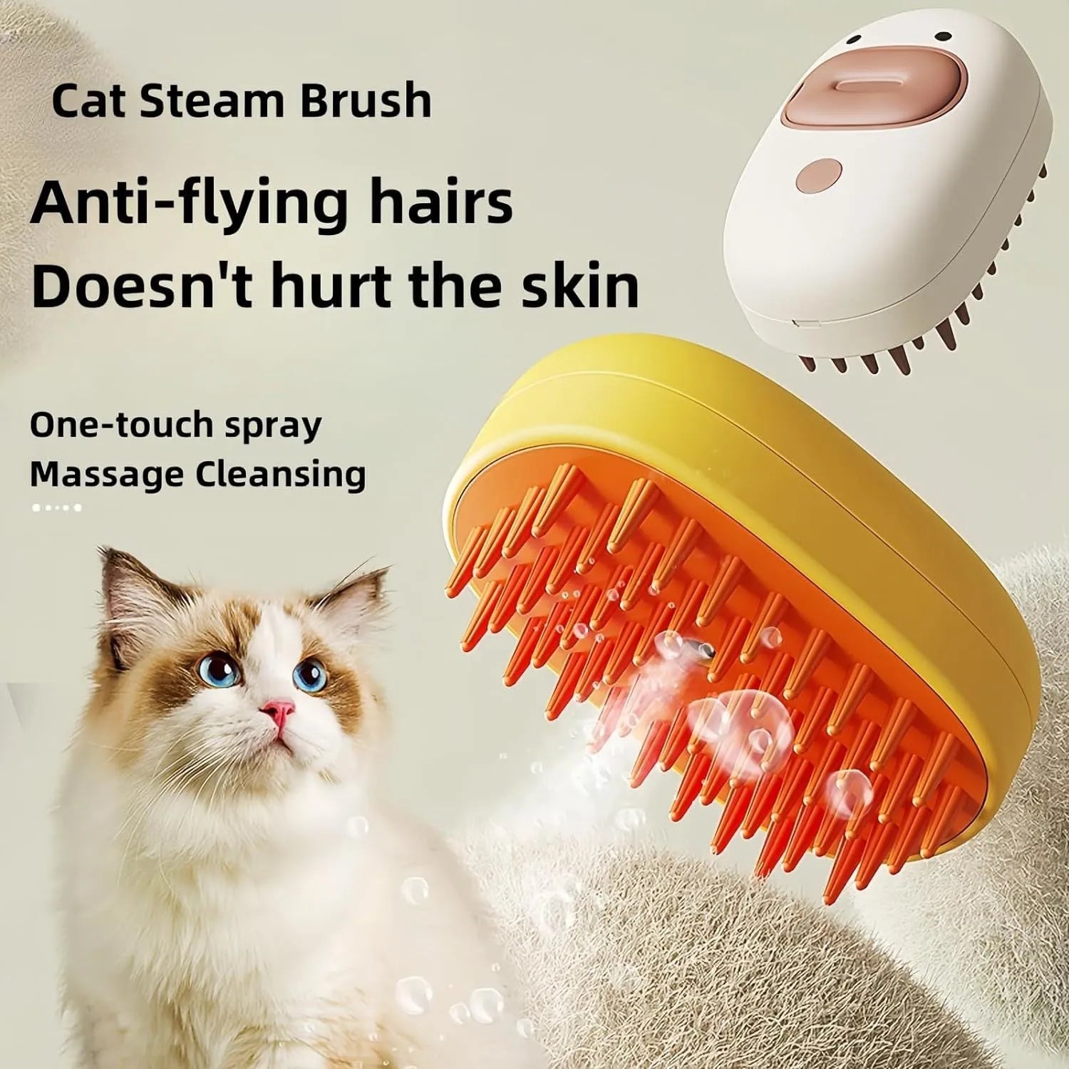 White rechargeable silicone steam brush for grooming dogs and cats on a table.
