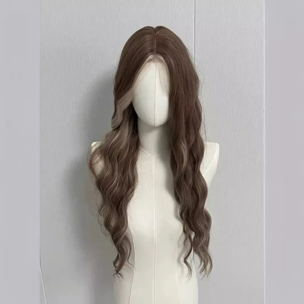 Long curly wig with gray golden highlights and lace base for natural hairline