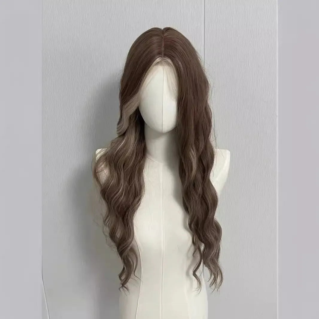 Long curly wig with gray golden highlights and lace base for natural hairline