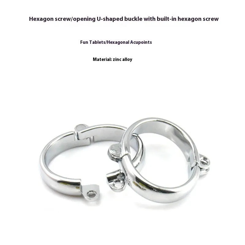 Silver zinc alloy handcuffs and footcuffs with stainless steel bracelet closures for adult restraints