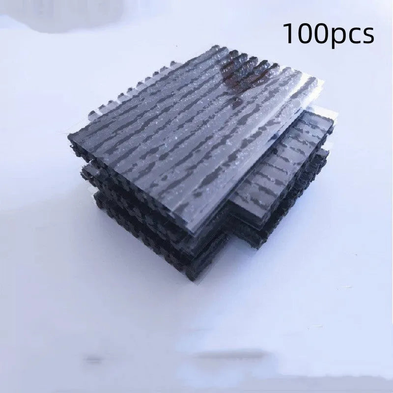 Brown and black vacuum car tire repair strips, 3.5mm x 100mm, made of butyl rubber.
