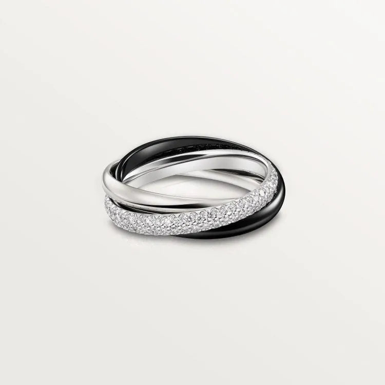Silver geometric U-shaped couple ring with full diamond setting and engraving options.