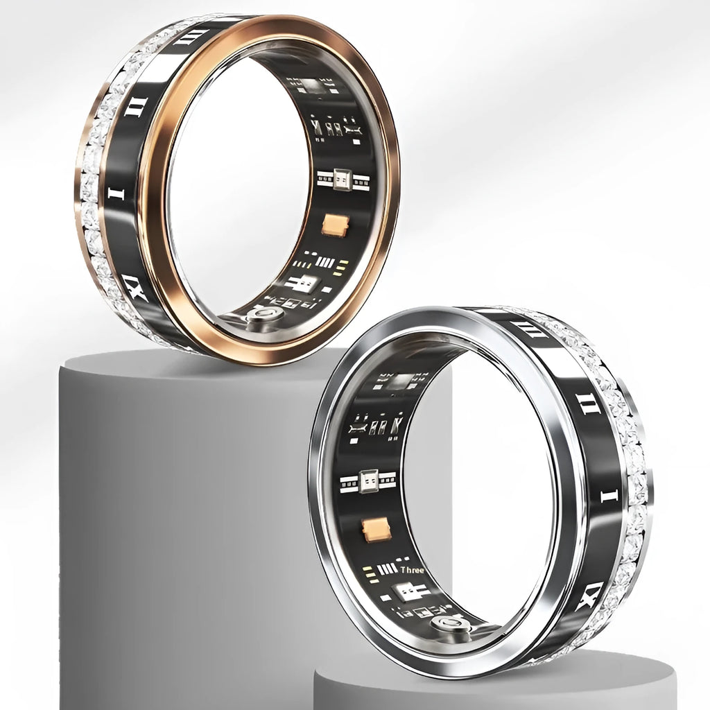 Silver and gold coloured smart ring on a finger showing health monitoring and blood oxygen tracking features.