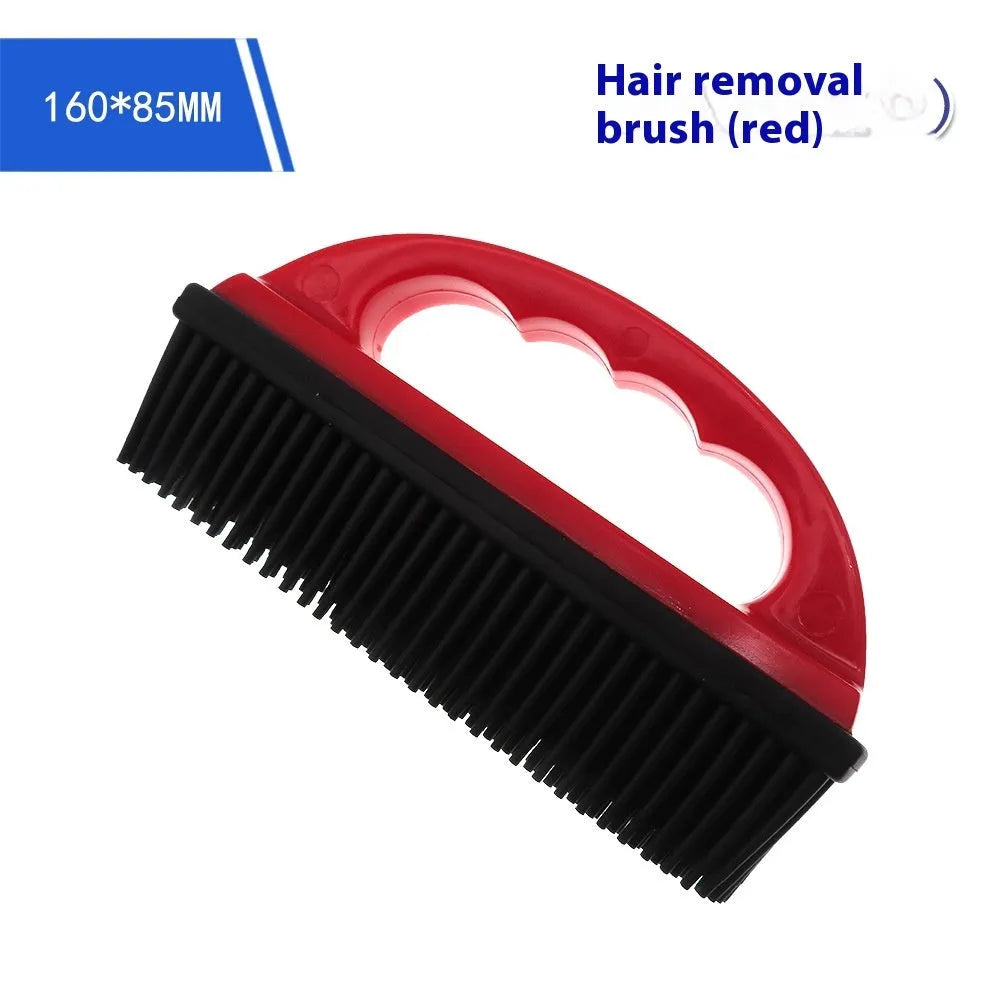 Red pet hair removal brush with non-slip handle for grooming and cleaning, dimensions 160mm by 85mm