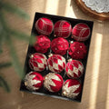 Flocked Christmas ball pendants in wine red, milky white, and Maillard, supplied in a 12-piece paper box