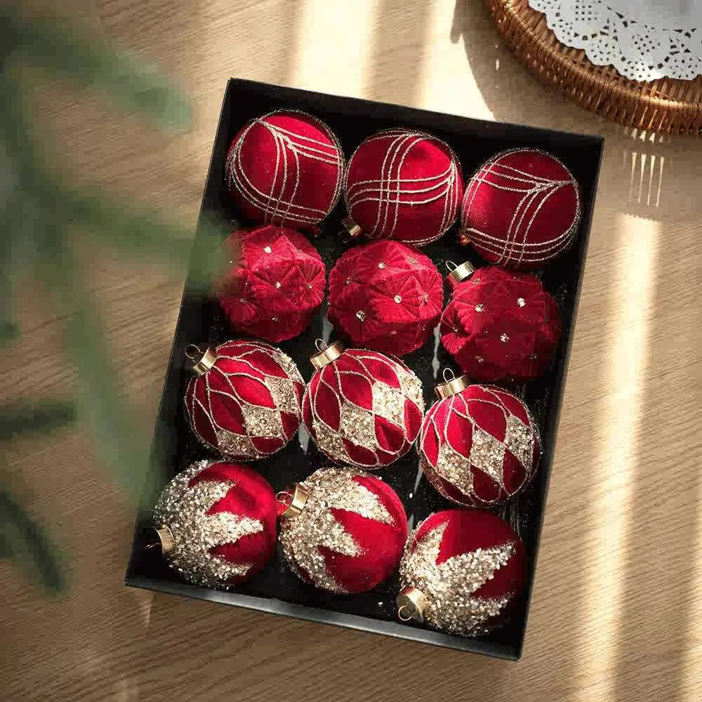 Flocked Christmas ball pendants in wine red, milky white, and Maillard, supplied in a 12-piece paper box