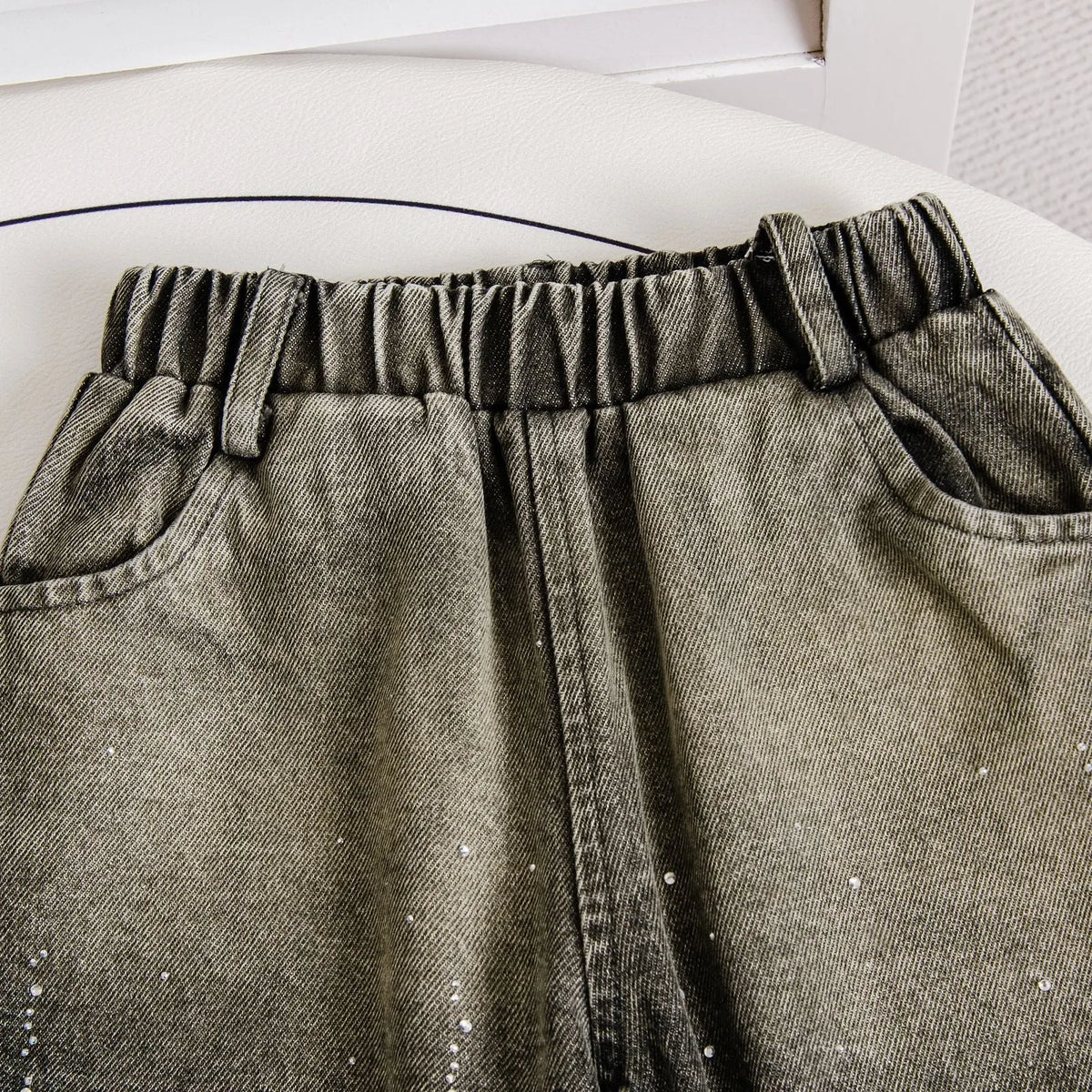 Girls' two-piece set with bow decoration: black denim coat and wide-leg pants, solid or floral, height 90-140cm