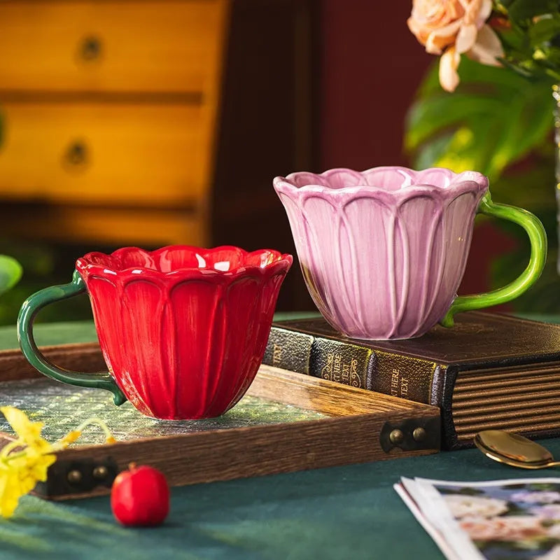 Ceramic breakfast cup with pastoral pattern, showing red and purple colour options.