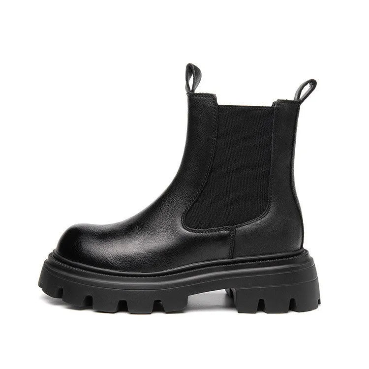 Women's brown brushed cowhide Martin boots with high horseshoe heel, round toe, and thick rubber sole