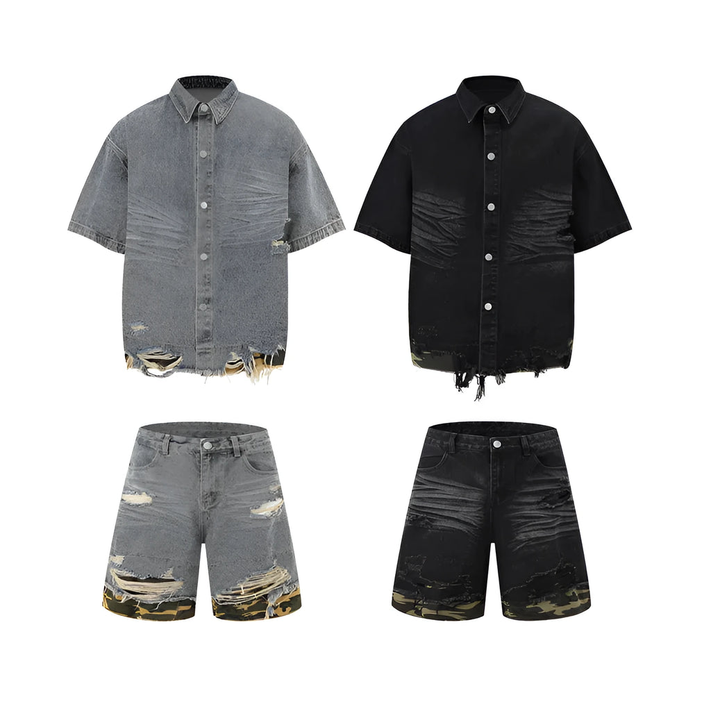 Leopard print denim short sleeve shirt and shorts set with cut edge stitching detail in black colour option