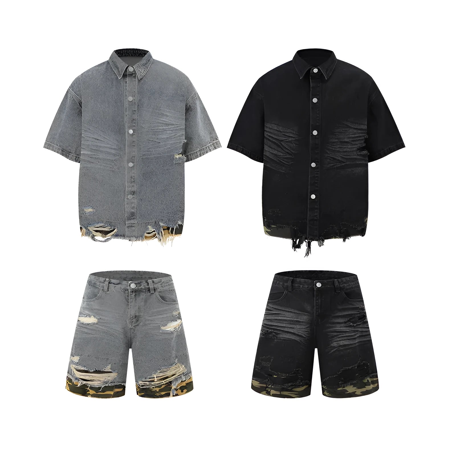 Leopard print denim short sleeve shirt and shorts set with cut edge stitching detail in black colour option