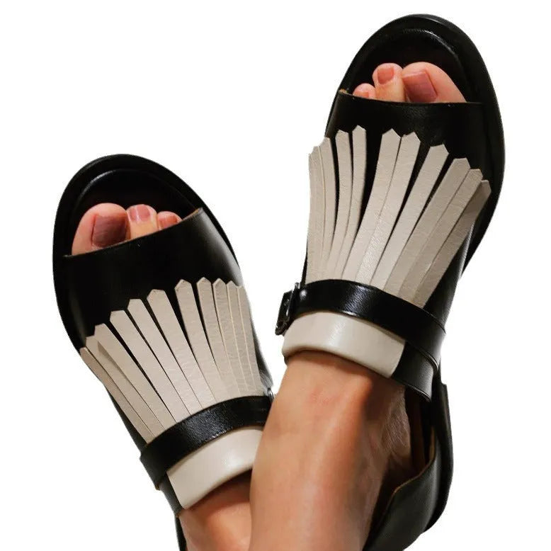 Summer casual flat heel tassel sandals for women in leopard print beige with buckle, size 34-43