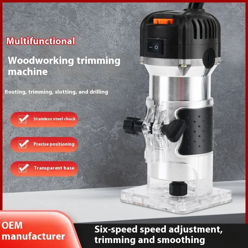 6-speed aluminium body electric woodworking trimmer router with 15 milling cutters and straight knife