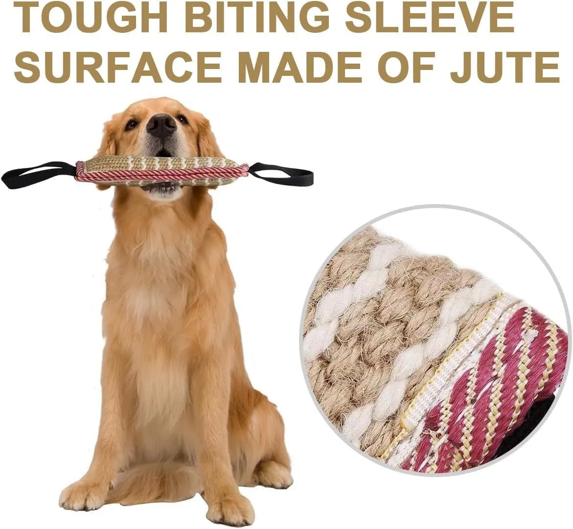 Beige jute dog tug toy with two fabric handles on a white background
