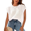 White polyester pullover sweater with crochet sleeves and round neck