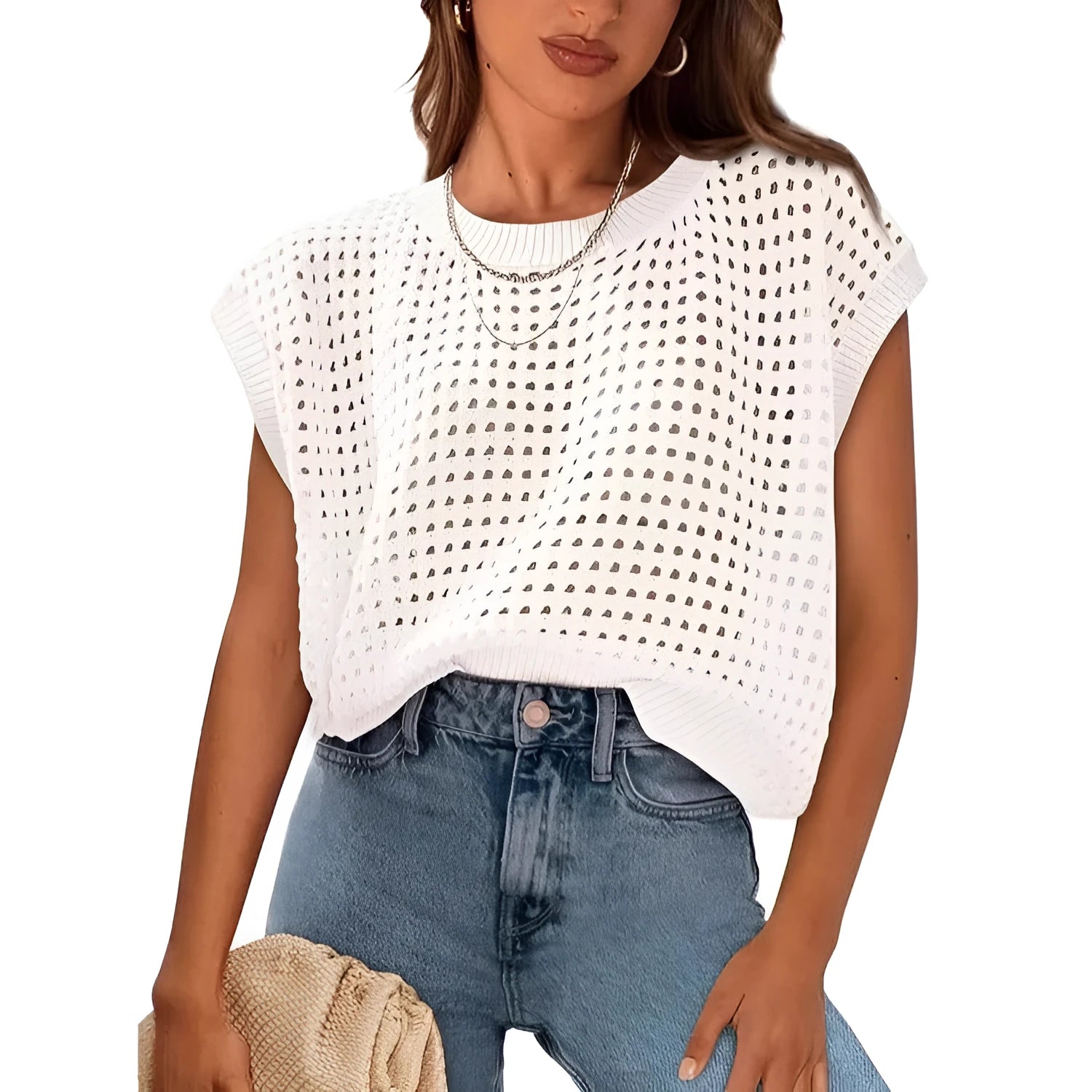 White polyester pullover sweater with crochet sleeves and round neck