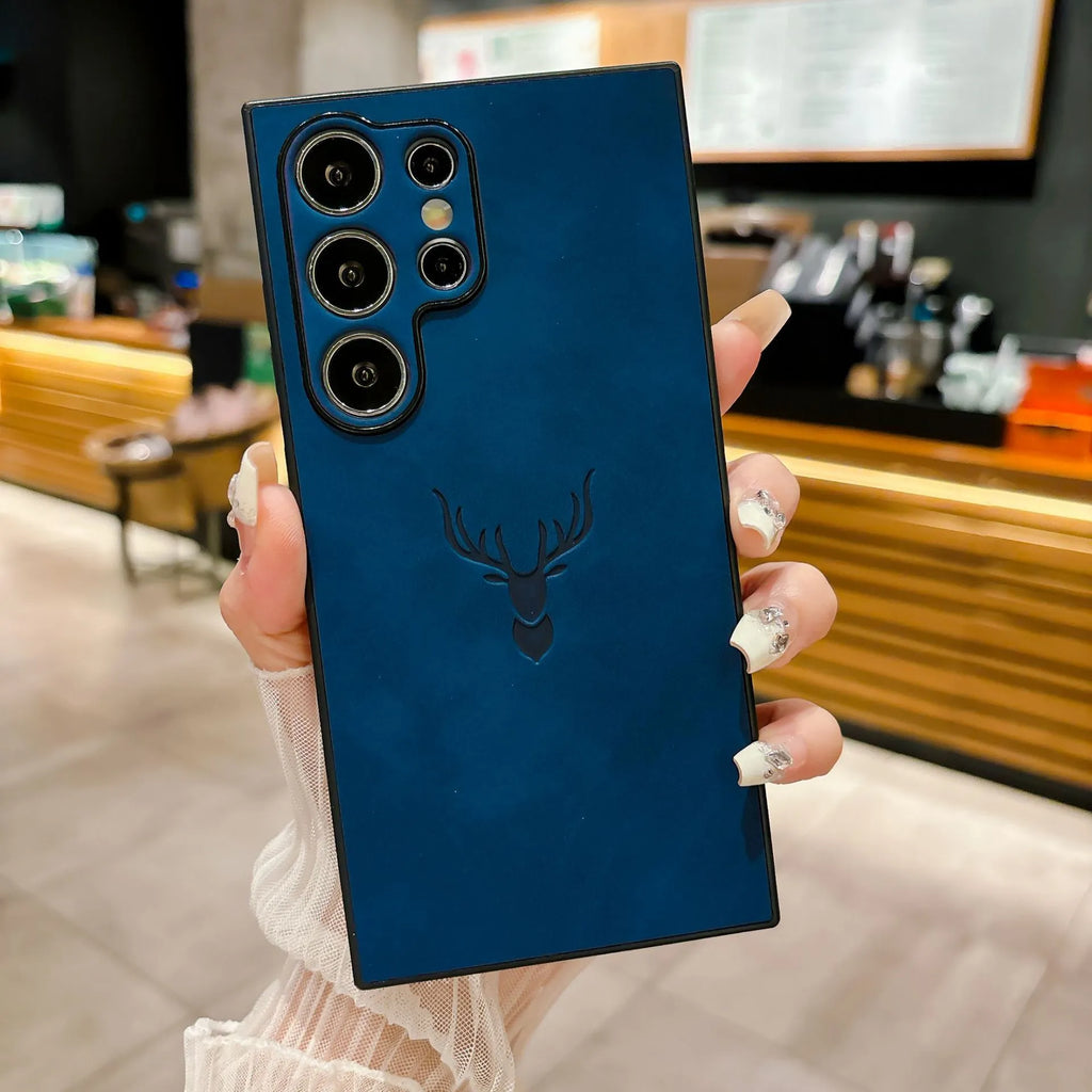 Deer head embossed magnetic phone case for Samsung S24 Ultra in dark brown leather style