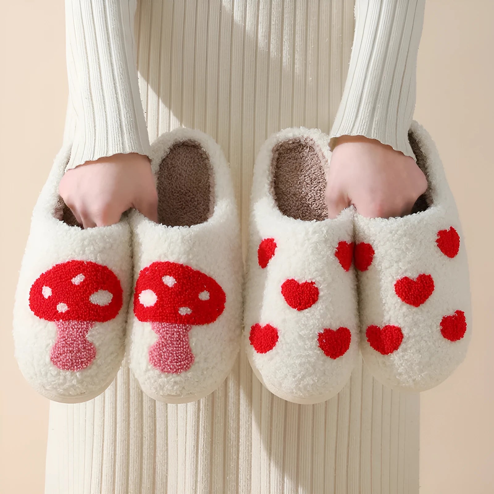 Women's cartoon love style plush slippers in blue smiley colour with round toe and non-slip sole.