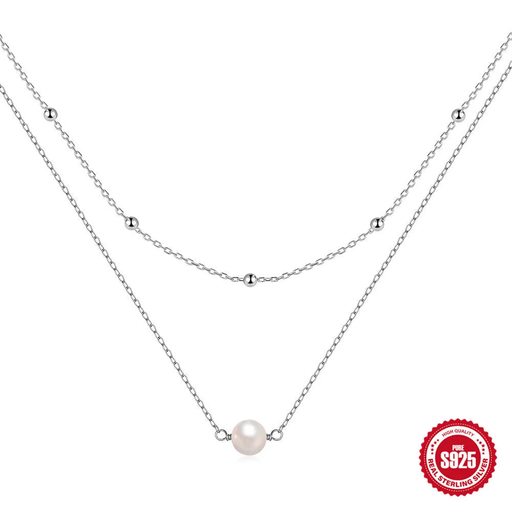 S925 sterling silver double layer twin pearl necklace with diamond treatment pendant
