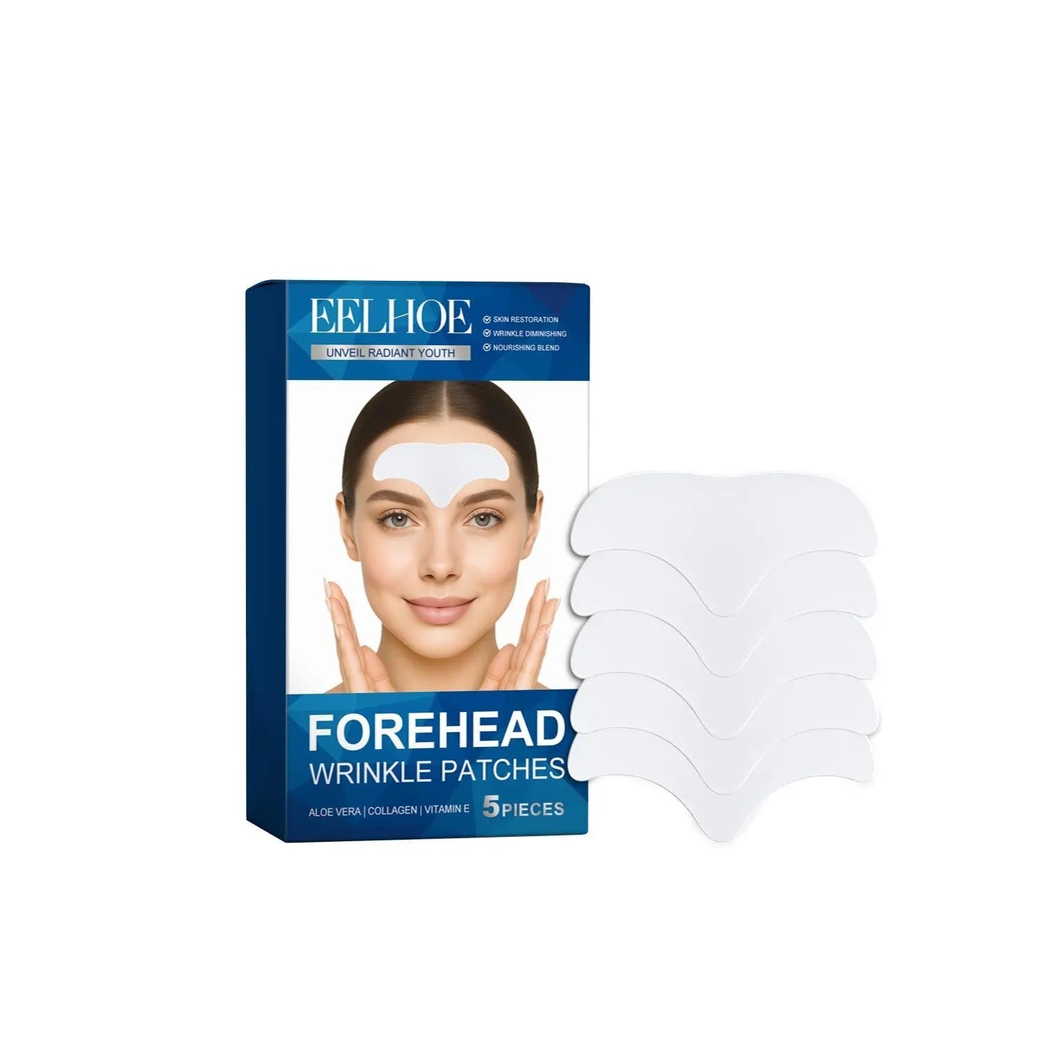 Pack of 5 forehead nourishing and moisturising skincare patches on non-woven fabric.