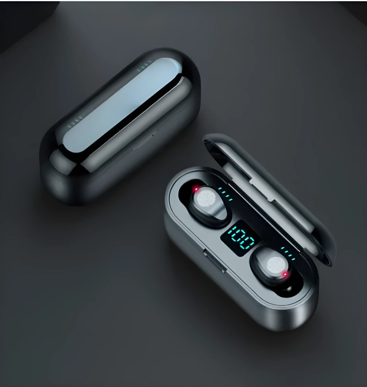 Black wireless Bluetooth headset with digital display, Bluetooth 5.0, stereo earplugs, 10 metre range and 4 hour battery