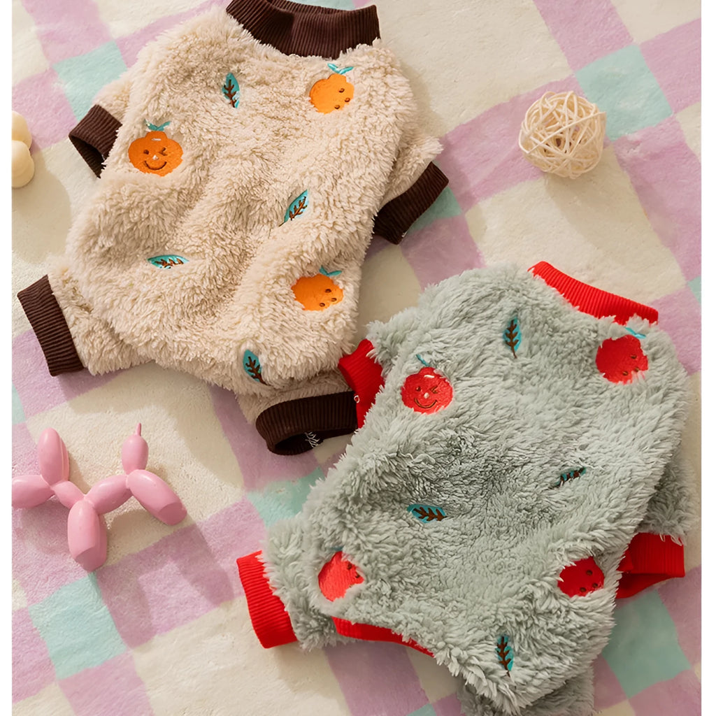 Brown fleece dog onesie with orange fruit embroidery on the back, four-legged design for small medium pets