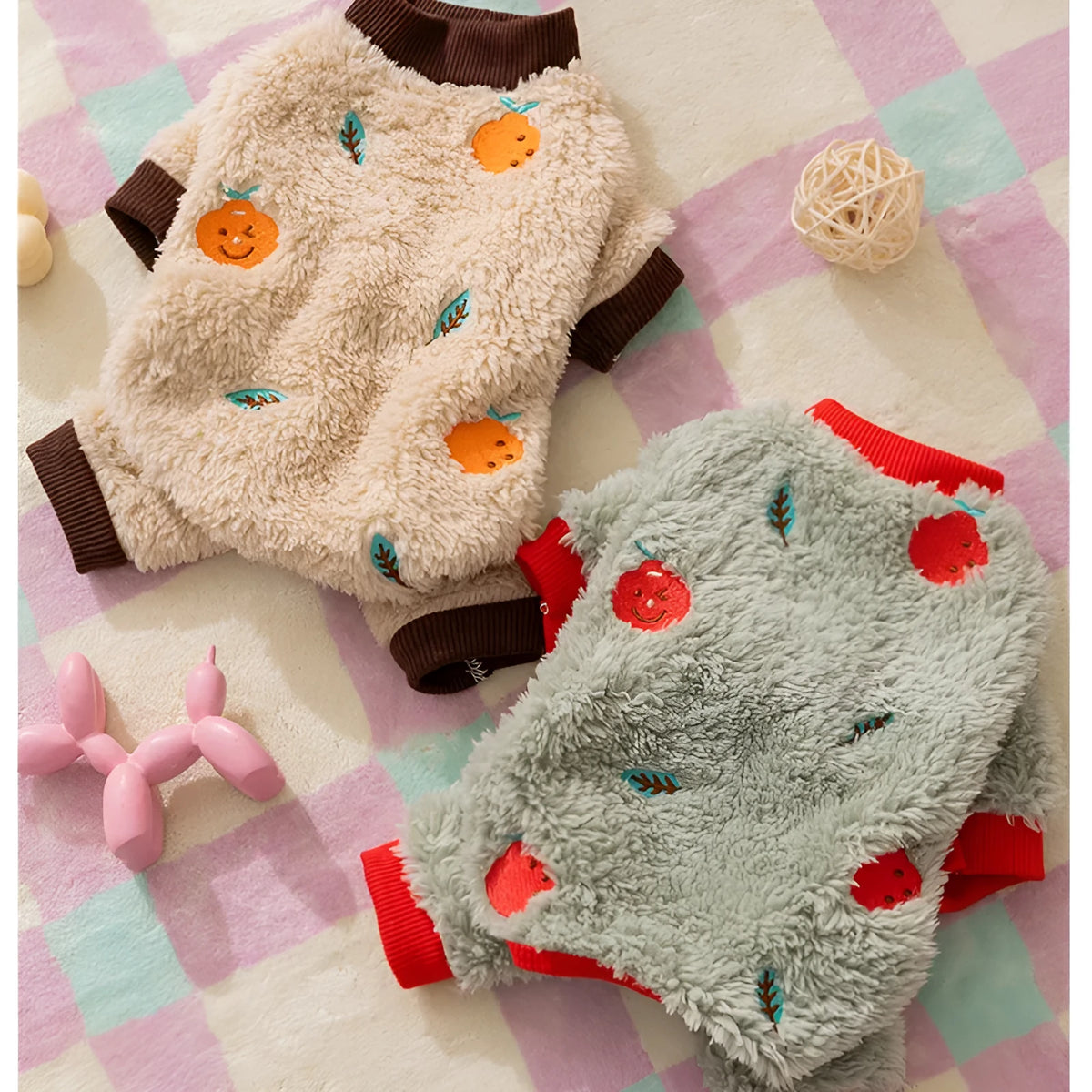Brown fleece dog onesie with orange fruit embroidery on the back, four-legged design for small medium pets