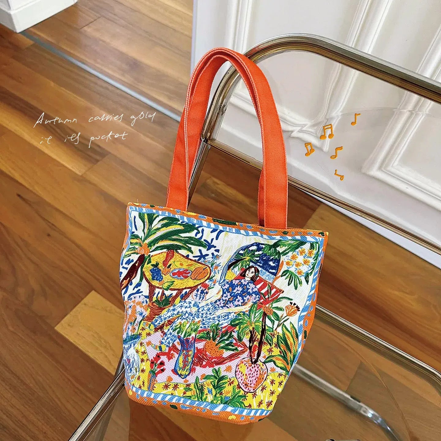 Dream Garden Orange canvas bucket bag with plush finish and double shoulder straps
