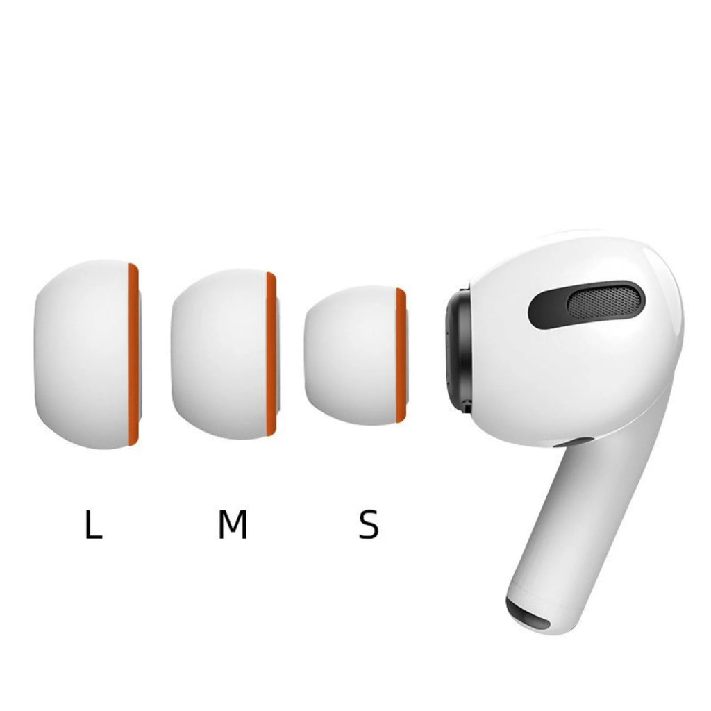 Pair of double layered noise reducing earplug sleeves in orange white for headphones, available in sizes L/M/S/XS
