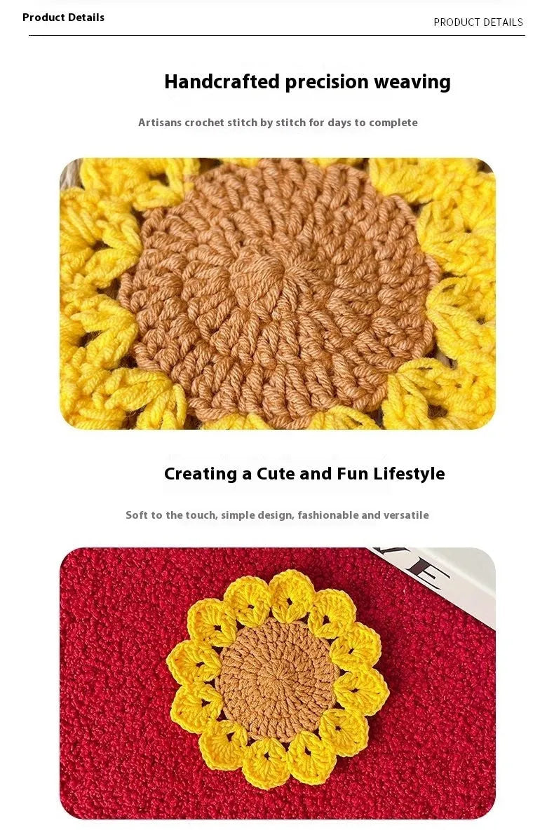 A hand-woven circular wool coaster with a floral pattern, shown as a single piece.
