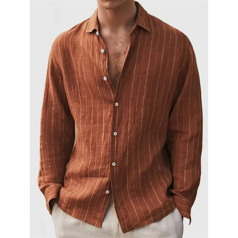 Men's loose-fitting striped cardigan-style shirt in polyester fabric showing colour and pattern details