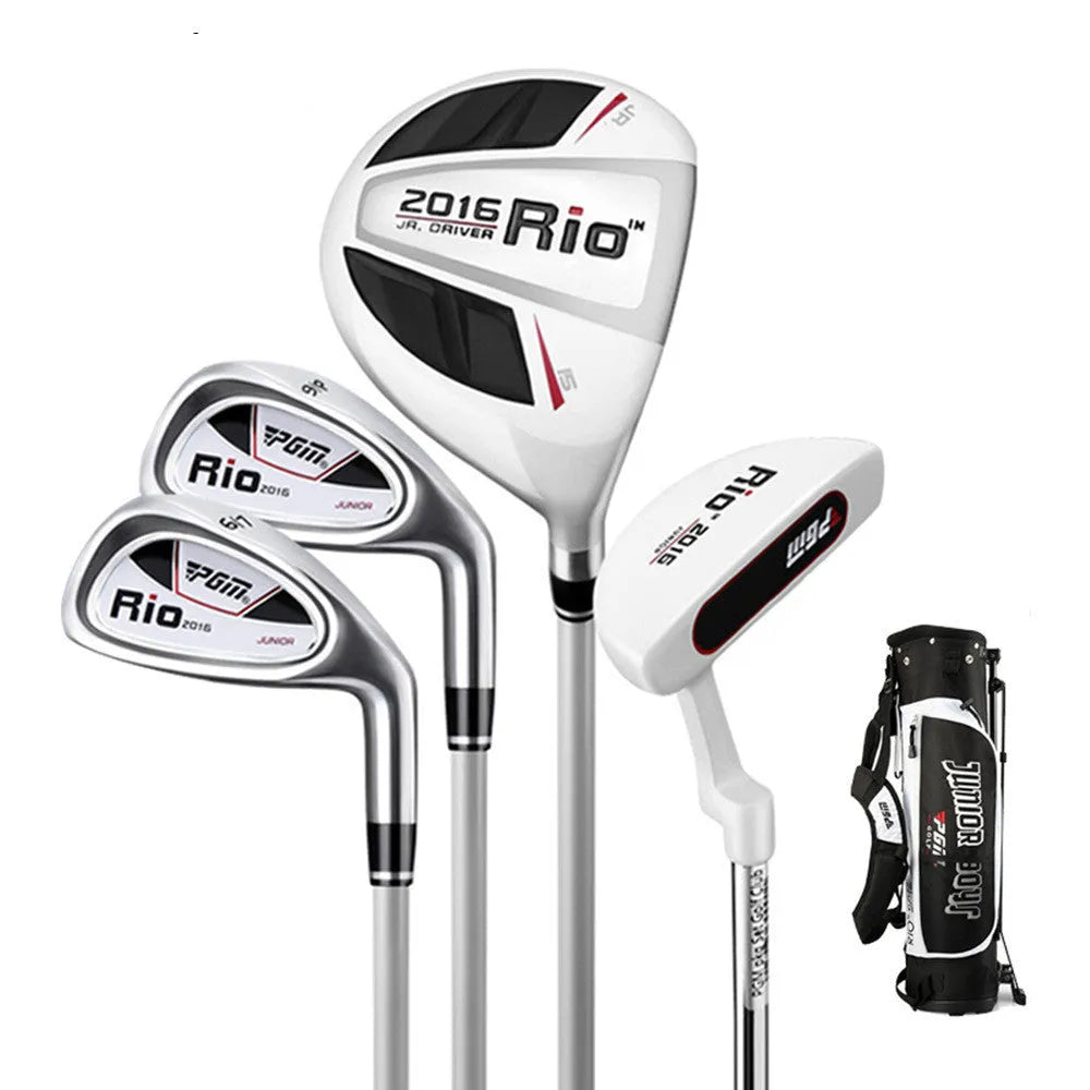 Children's golf club set with forged aluminium wood, carbon shafts, ball bag, tee, black and white finish
