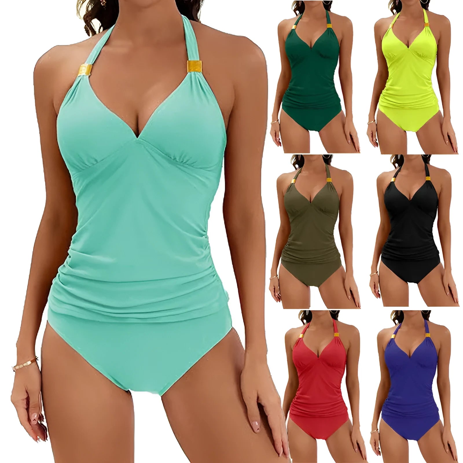 Women's solid colour halter neck bikini set with V-neckline in seven colour options
