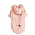 Pink polyester pet hoodie with avocado print for cats and dogs, sizes XS to XL