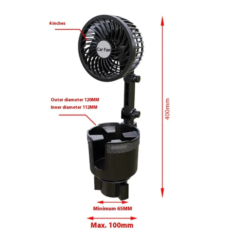 ABS plastic car cup holder fan showing 4-inch and 6-inch size options for 12V, 24V, or USB power.