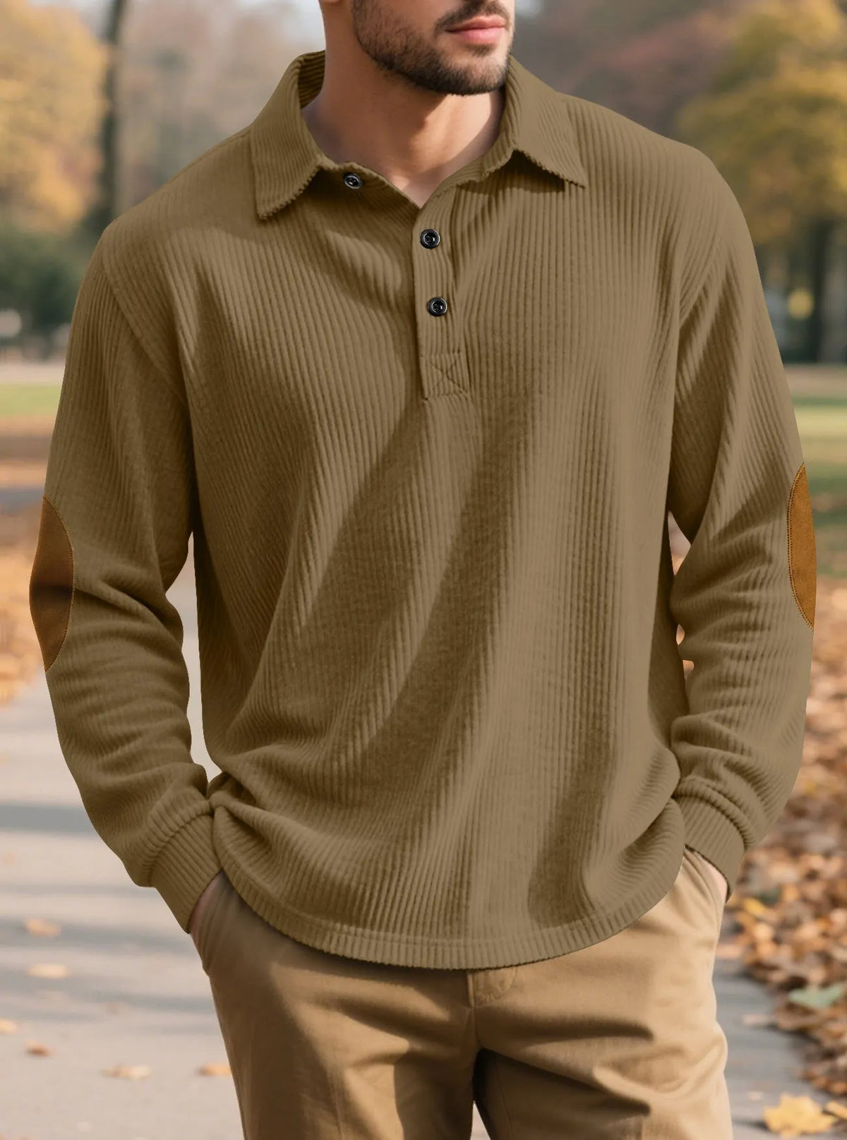 Men's corduroy long-sleeved pullover sweatshirt in navy blue, black, army green, light gray, and brown, sizes S to XXXL