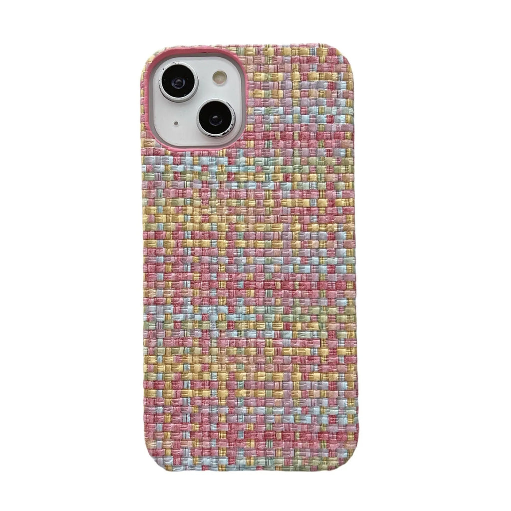 Hand-woven plaid TPU mobile phone case in pink with all-inclusive fit and fall protection