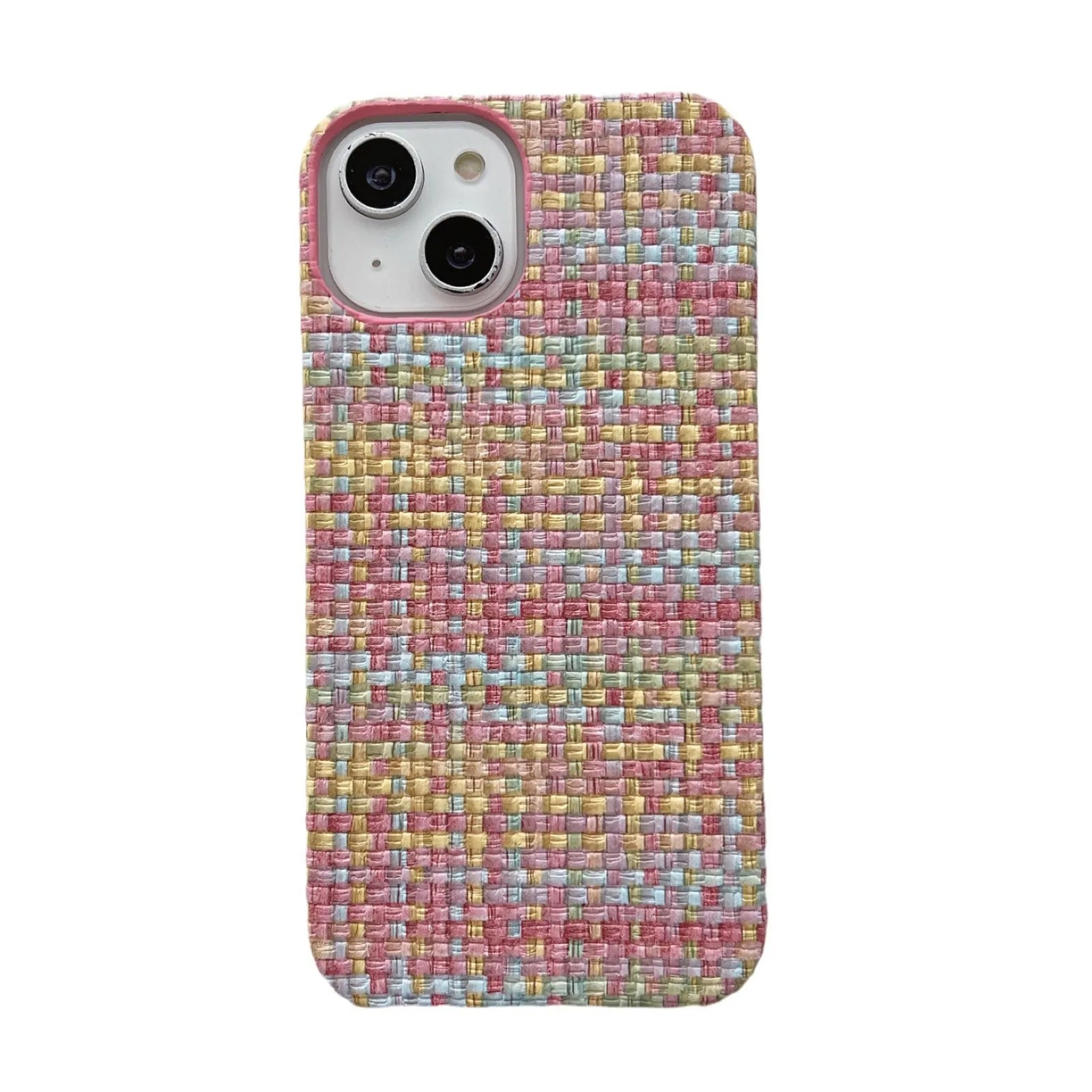 Hand-woven plaid TPU mobile phone case in pink with all-inclusive fit and fall protection