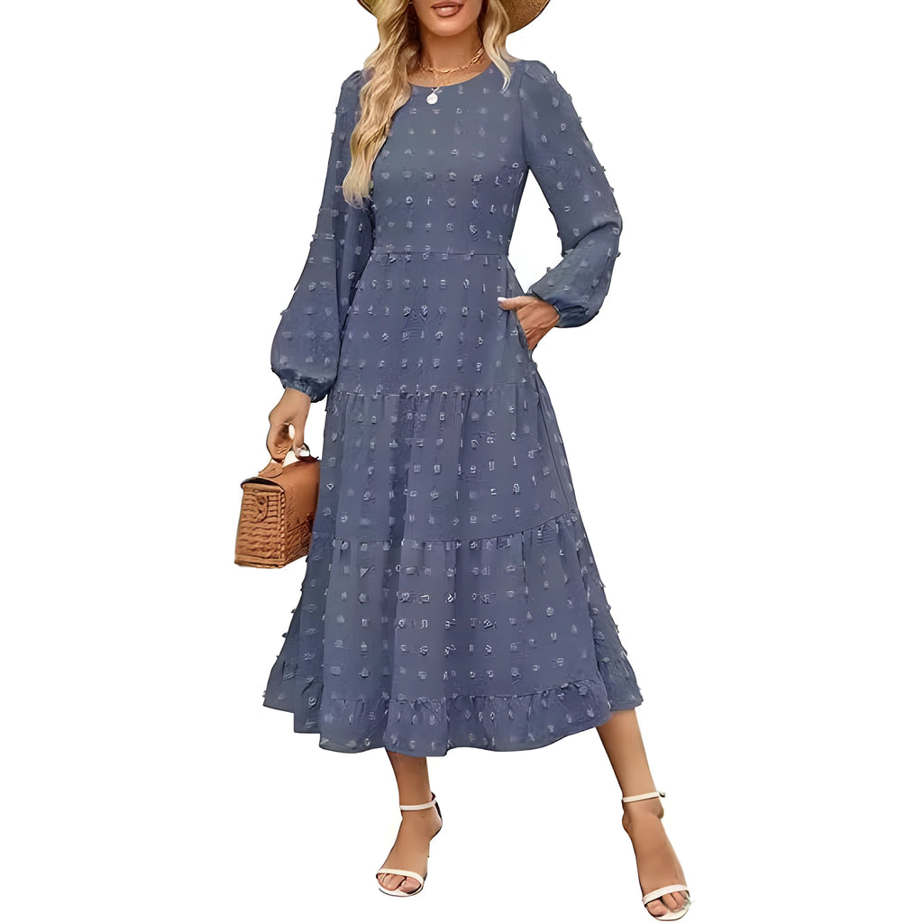 Women's beige high waist autumn dress with long ruffle sleeves, round neck.