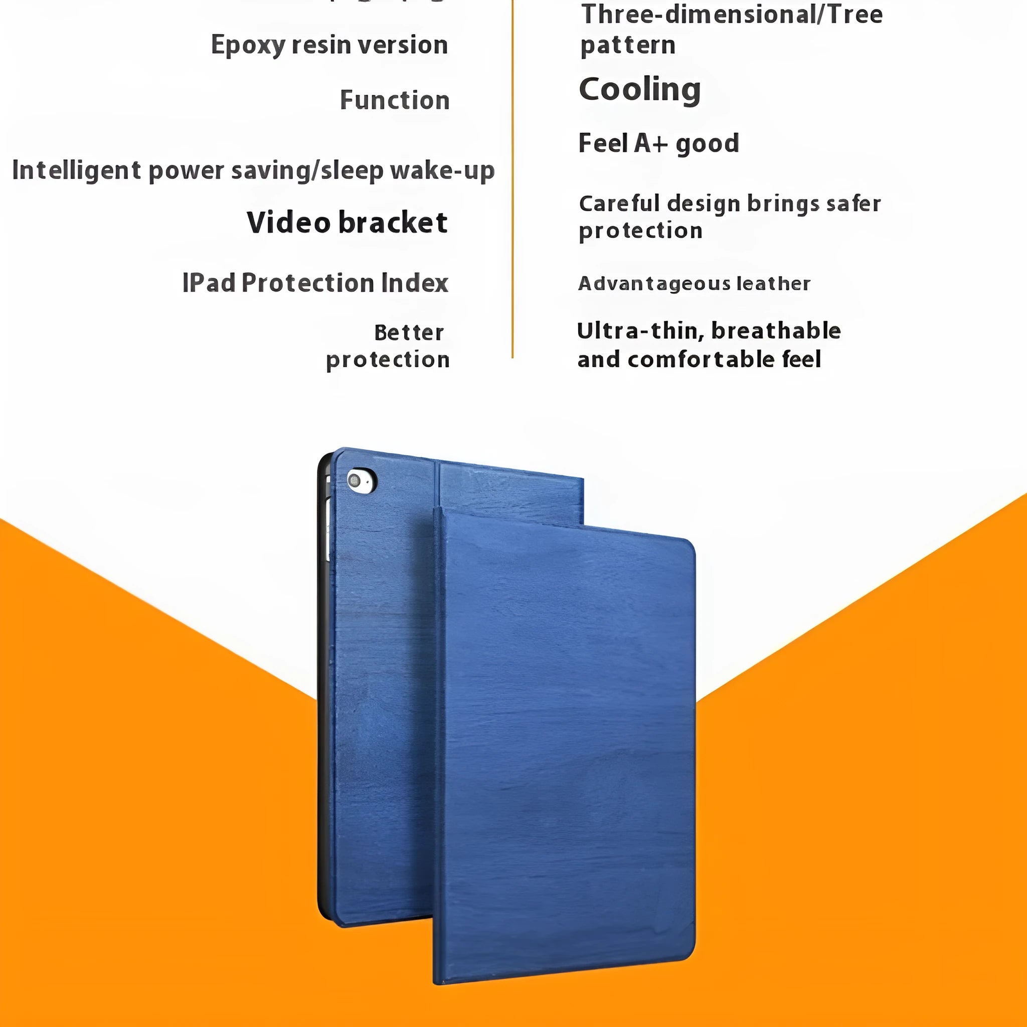 Imitation leather iPad protective case with built-in stand bracket in black and sapphire blue colours.