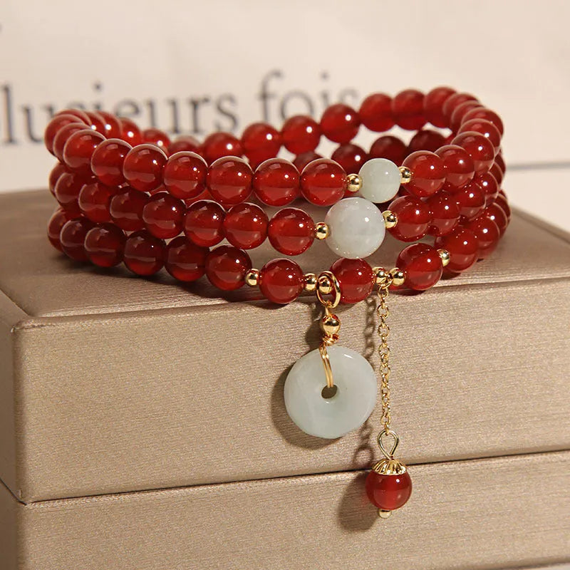 Women's red agate crystal bracelet with multi-layer beads and elastic adjustable band