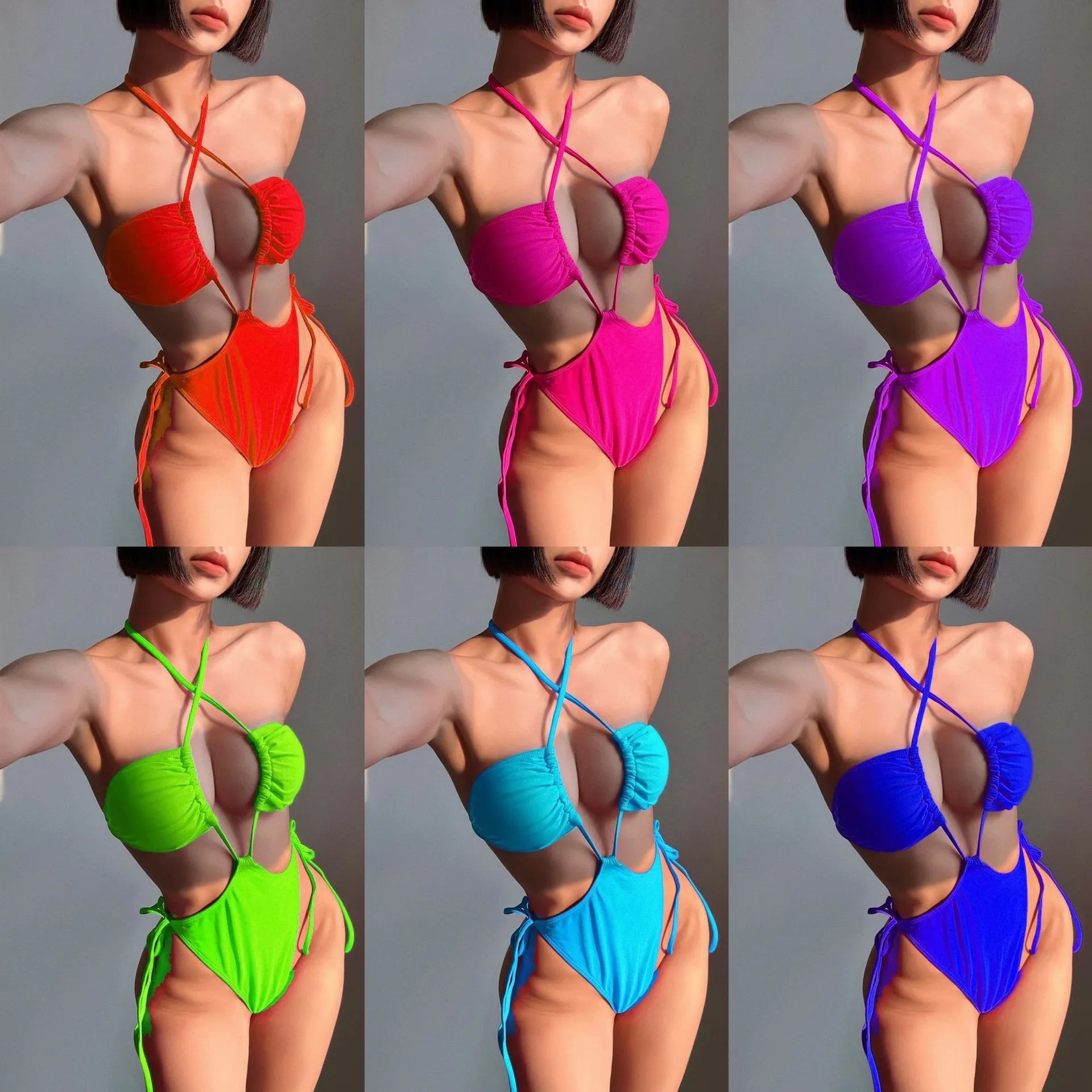 Women's black nylon one-piece swimsuit with a drawstring tie, shown in a briefs style cut.