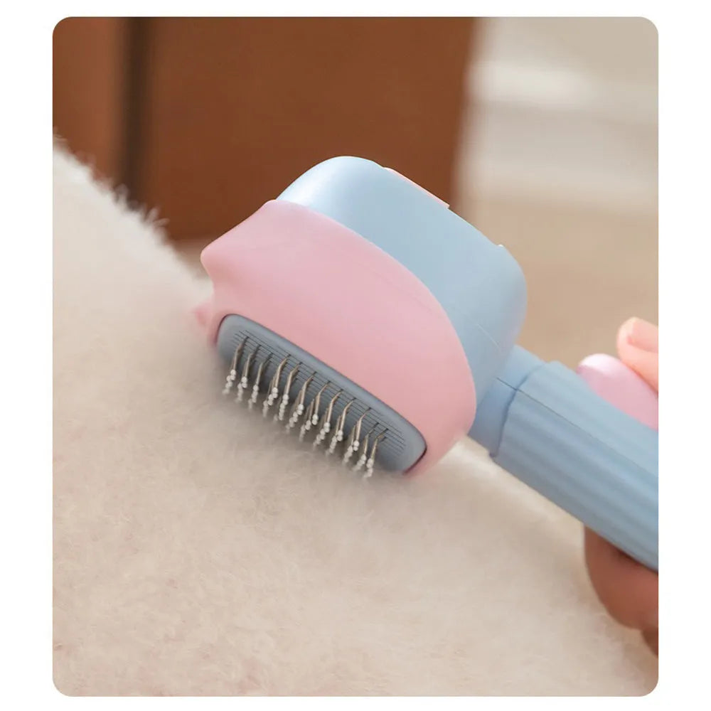 Blue double-sided pet grooming brush showing deshedding rake and dematting comb on a white background.