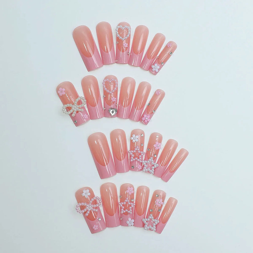 French style long water pipe wearable nails with a bow detail in colour XB-70-48.