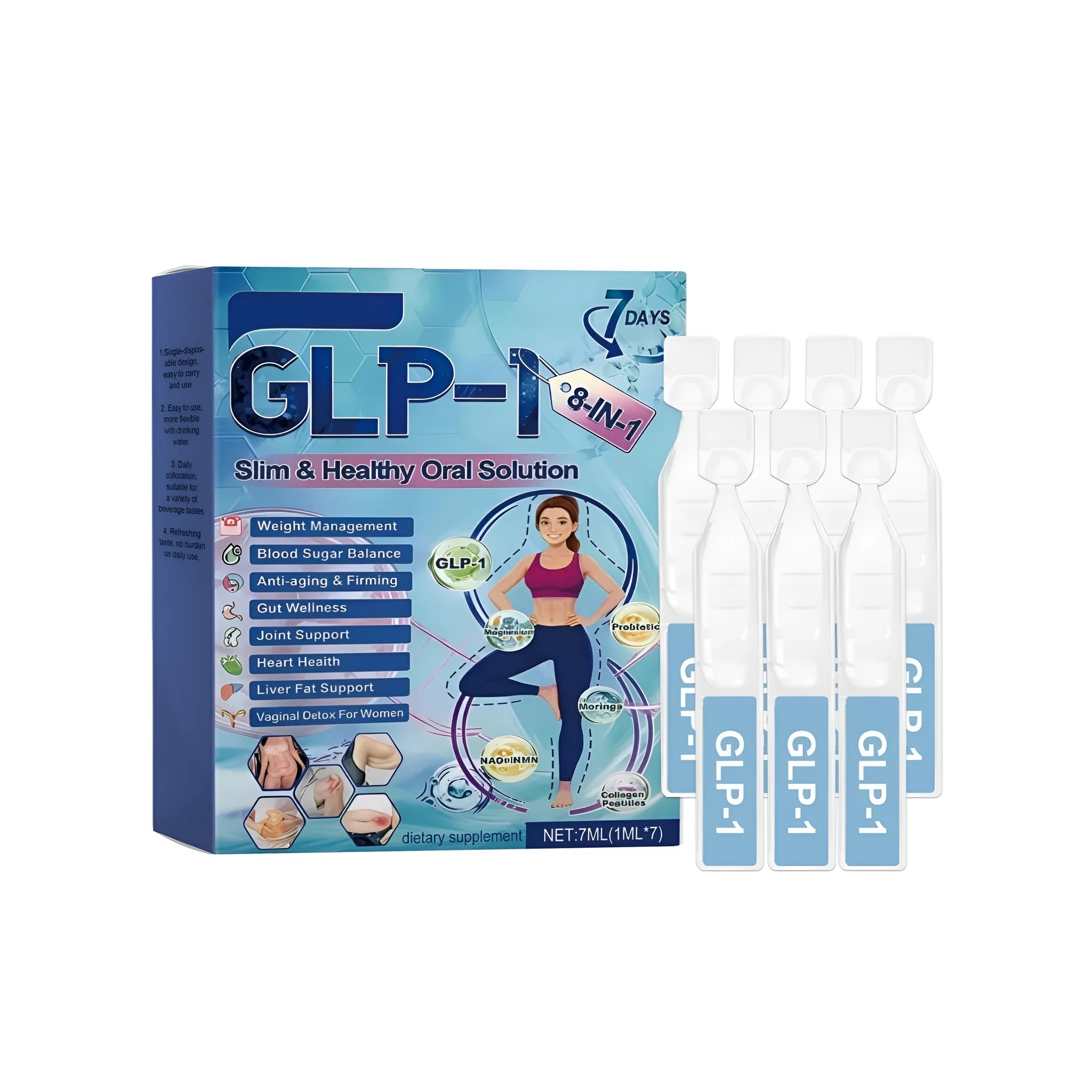 Pack of seven 1ml body care drops vials containing apple vinegar, green tea, probiotics, and turmeric extracts