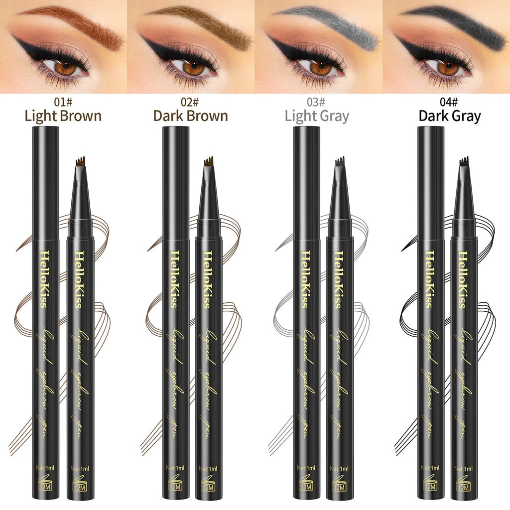 Hellokiss four-fork waterproof eyebrow pencil with ultra-fine tip in light brown, dark brown, light grey, and dark grey