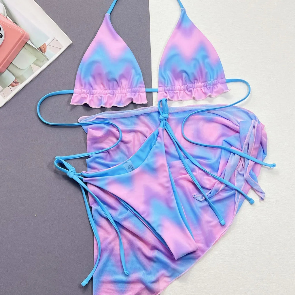 Women's tie-dye bikini swimsuit with removable skirt in pictured colour, showing complete set with bra, panties, and skirt
